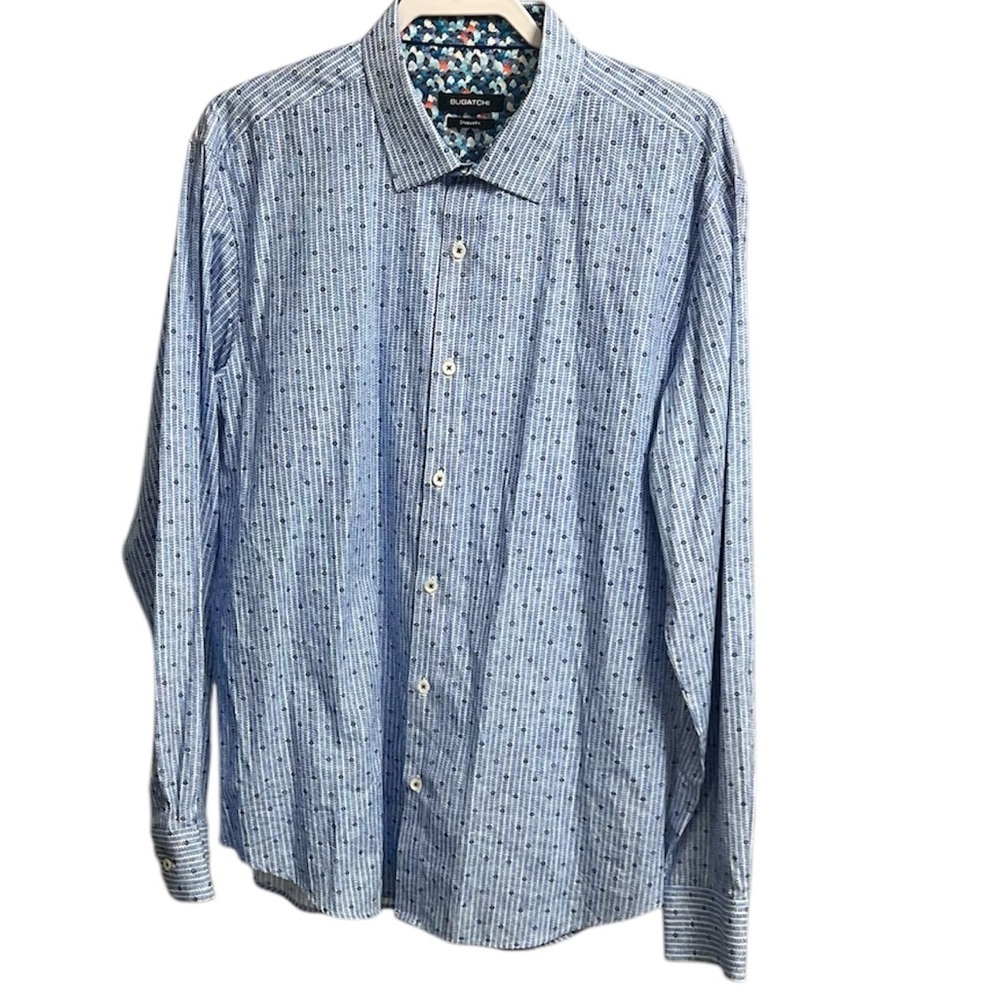 Bugatchi shaped fit Blue Abstract Geometric Dress Shirt XL Turn Out Cuff